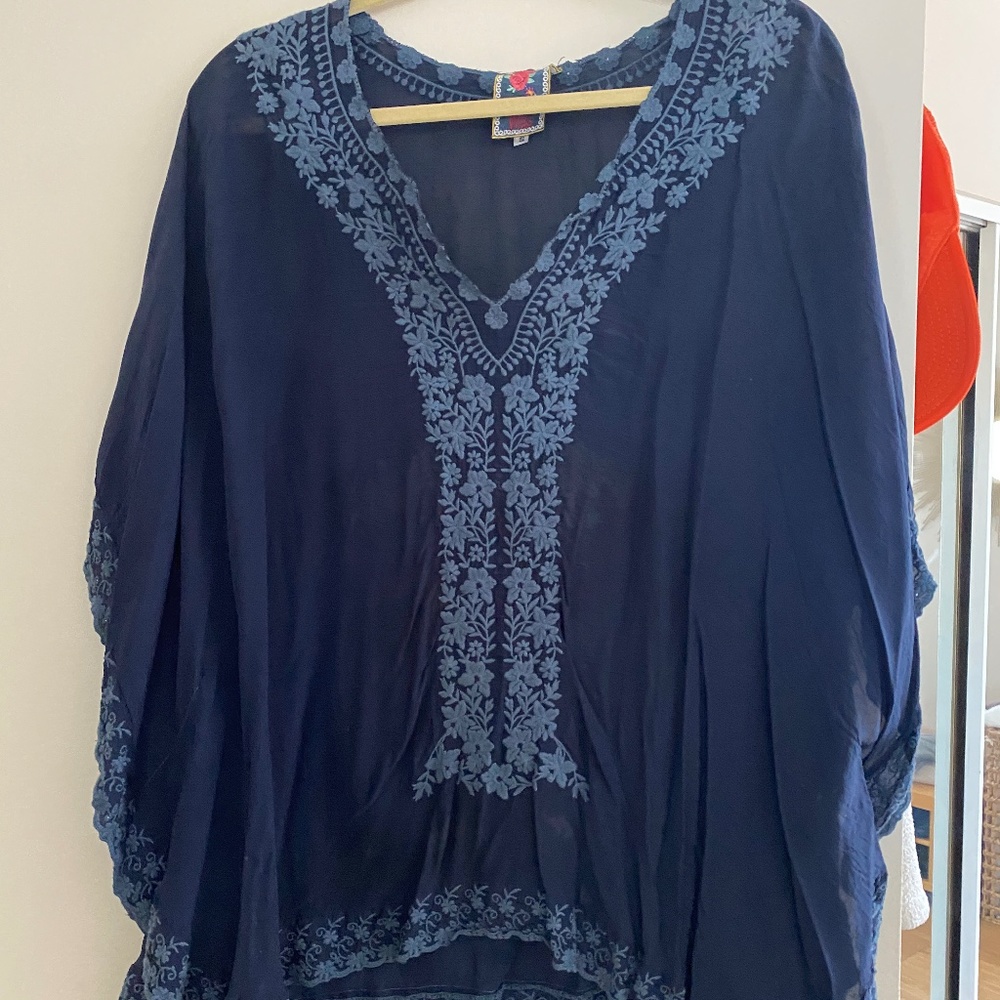 Johnny Was Navy Blue Silk Poncho Small